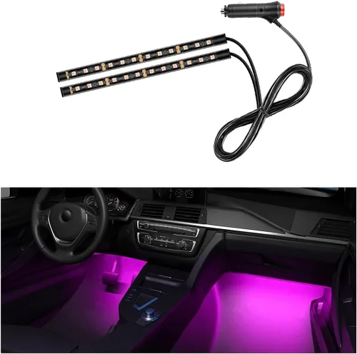 Vista 9 de Tira de luz LED para coche, 24 LEDs RGB neón para interior, luz ambiental nocturna de 12V debajo del salpicadero, lámpara decorativa