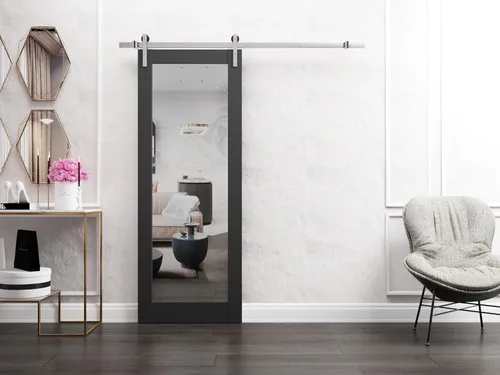 Vista 2 de Puerta de granero resistente de 18 x 80 pulgadas Lucia 1299 negro mate con espejo Perchas de riel de acero inoxidable de 6.6 pies Puertas