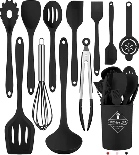 Pranski Juego de utensilios de cocina, 12 piezas, utensilios de cocina de silicona, aptos para lavavajillas, 392 °F, resistente al calor, juego de