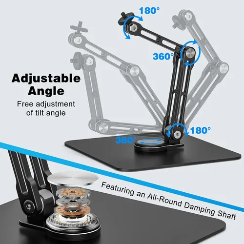 Vista 3 de Escritorio con soporte para micrófono, soporte de micrófono de escritorio giratorio de 360°, carga máxima de 4.4 libras, soporte de escritorio