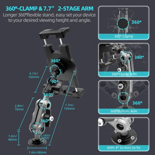 Vista 3 de Aluminum Heavy Duty Drill Base Tablet Holder Car Mount Dashboard, 360° Adjustable 2-Stage Stand for 4.7-12.9" iPad Pro/Air/Mini/Samsung Galaxy Tab