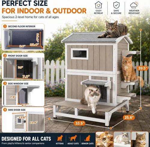 Vista 6 de PetsCosset Outdoor Wooden Cat House for 2-3 Cats Weatherproof Cat Shelter with Waterproof Asphalt Roof, Multi Escape Doors, Elevated 2-Level Cat