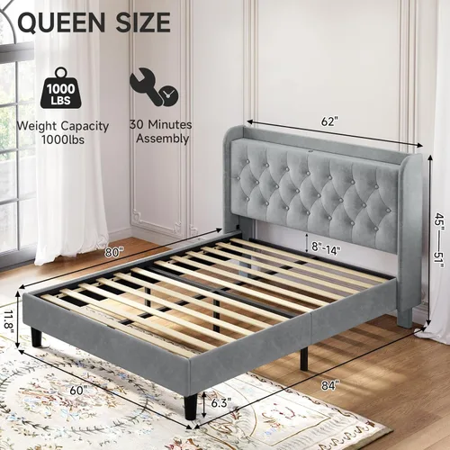 Vista 89 de koorlian Base de cama Queen con cabecero, base de cama tapizada ajustable con puertos tipo C y USB, cabecera de almacenamiento con respaldo de ala