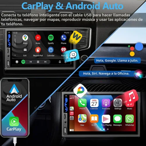 Vista 2 de Estéreo de auto de doble DIN compatible con Apple CarPlay y Android Auto - Receptores de audio de coche HD de 7 pulgadas con Bluetooth, Mirror Link