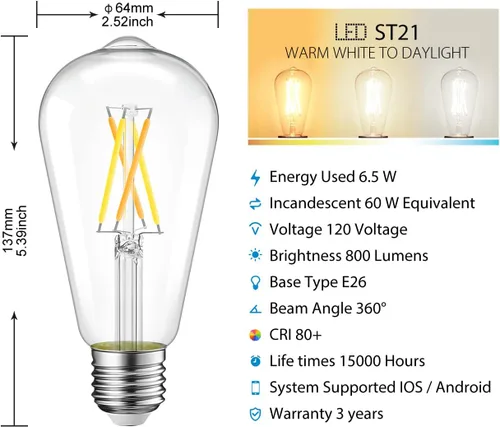 Vista 3 de LVWIT Bombilla inteligente LED vintage ST21 Edison regulable WiFi, equivalente a 60 vatios, base E26, 2700K - 6500K, compatible con Alexa, Google