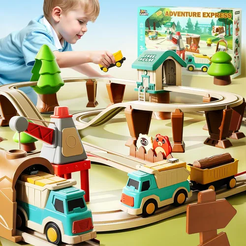 iPlay, iLearn 62PCS Kids Construction Track Toy Train Set, Electric Motorized Magnetic Truck Toy W/Tractor Crane, Forest Railway Engineering