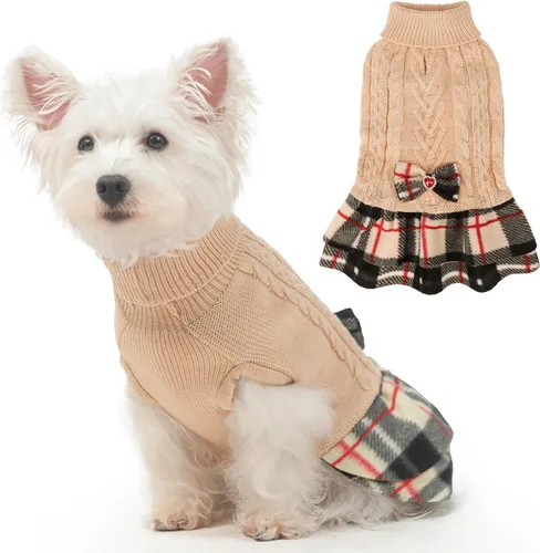 BEAUTYZOO Vestido de suéter para perrita, suéter de punto trenzado para perritas pequeñas - Suéter de cuello alto con falda a cuadros y moño,