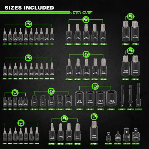 Vista 2 de Juego de 67 piezas Master Torx Bit Socket y Torx Externo, 14", 38" y 12" Drive, acero S2 y Cr-V, E4 - E24, T6 - T70, TT6 - TT70, TP8 - TP60, incluye
