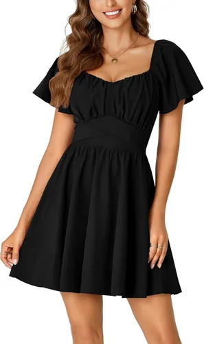 Vista 2 de Rooscier Minivestido acampanado de manga corta con volantes, cuello cuadrado, envolvente y espalda anudada para mujer