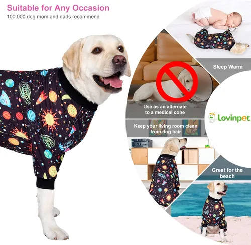 Vista 5 de LovinPet Monos para perros grandes: Pijamas para perros grandes, postoperatorio/cuidado de heridas, tela elástica ligera, estampado negro