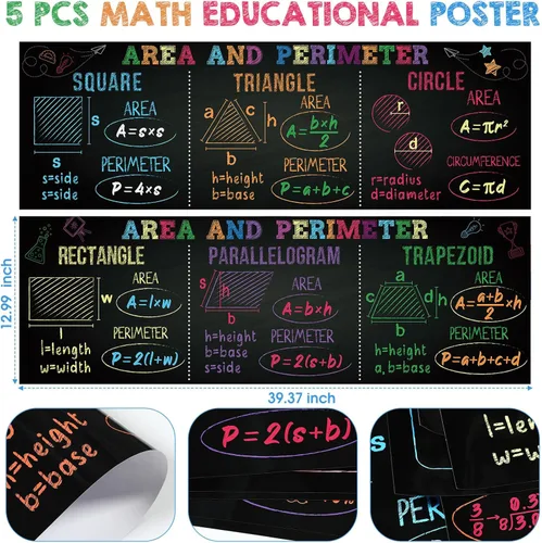 Vista 3 de AmazingSpark 5 pósteres de matemáticas para escuela secundaria de 13 x 40 pulgadas, decoración de tablón de anuncios para el aula, fracciones