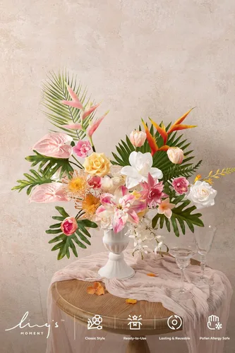Vista 2 de Ling's moment Caja de flores falsas, tallos de vegetación artificiales artificiales, rosas de espuma, anturios, orquídea de seda, hoja de palmera