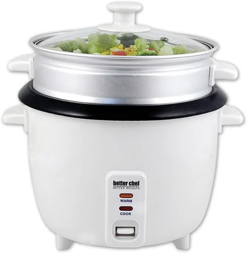 Better Chef Arrocera básica con vaporizador de alimentos, tapa de vidrio, antiadherente, tacto fresco, paleta y taza incluidas (10 tazas, blanco)