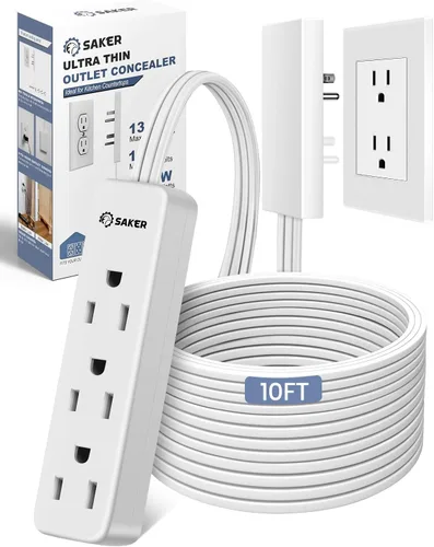 Vista 12 de Saker Cable de extensión doble de 5 pies plano con 6 tomas, 1625W Cable de extensión con cubierta de toma, enchufe plano, a prueba de bebés
