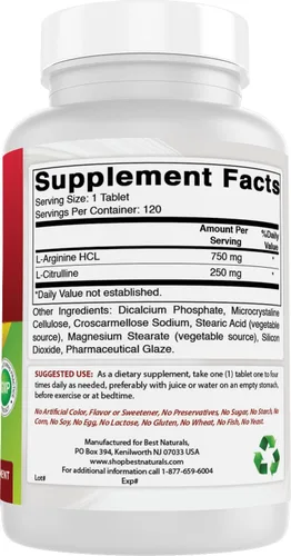 Vista 6 de Best Naturals Arginina Citrulina Complejo 1000 Mg 120 Comprimidos