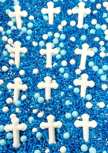 Vista 3 de Primera Comunión Bautismo Cruz Blanca Perlas Azules Comestibles Confeti Gránulos Pasteles Galleta Magdalena Helado Donut Quins 6oz