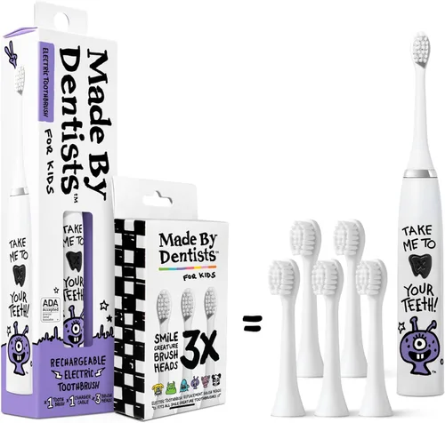 Made by Dentists Cepillo de dientes eléctrico para niños, cepillo de dientes vibratorio recargable con temporizador, incluye 6 cabezales de