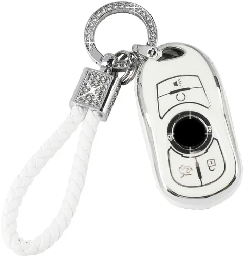 Vista 20 de PIFOOG Funda para Llavero de TPU con Cadena de Llaves Brillante, Llaveros de Entrada sin Llave, Botones de Protección, Blanco Plateado, Blanco