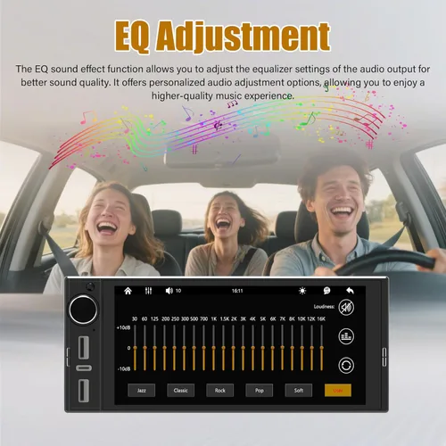 Vista 4 de Estéreo de automóvil DIN único de 6 pulgadas, Apple CarPlay y Android Auto, pantalla táctil IPS, manos libres Bluetooth, enlace espejo, cámara