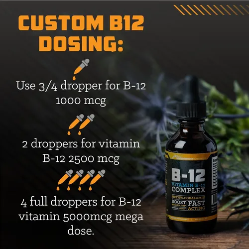 Vista 6 de Gotas sublinguales de vitamina B12. Suplemento dietético líquido de metilcobalamina para una energía constante y aumentada. Las vitaminas B12 son