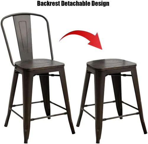 Vista 6 de COSTWAY Taburetes de comedor con asiento y respaldo de madera, taburete de metal industrial de altura de mostrador, sillas modernas apilables