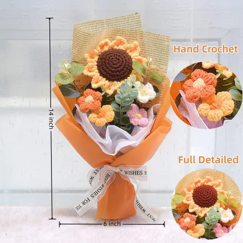 Vista 2 de Ramo de flores de ganchillo, flores de hilo eterno de punto de girasol, ramo de flores artificiales hecho a mano, decoración del hogar, regalo