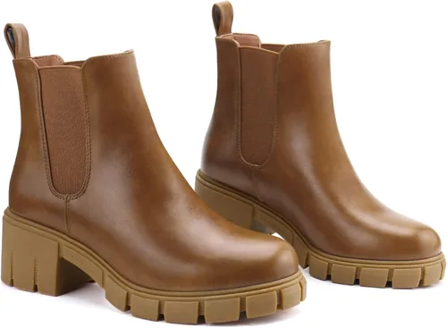 Vista 6 de starmerx Botines de plataforma para mujer, botas Chelsea elásticas, tacón medio, botines sin cordones