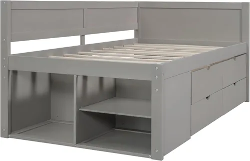 Vista 61 de Quarte Elegante cama de plataforma con estanterías en forma de L, cama de plataforma de madera tamaño individual con 2 cajones de almacenamiento