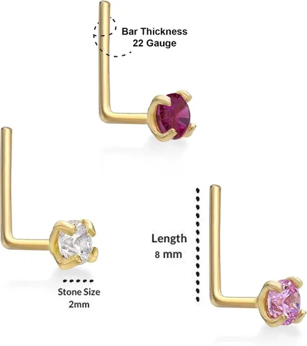 Vista 5 de Lavari - Juego de anillos para nariz de circonio cúbico de oro de 14 quilates, 0.079in, color blanco y rosa