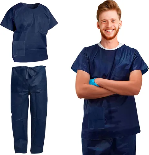 AMZ Disposable Scrub Set. Dark Blue Disposable Scrubs for Women and Men. 55 GSM SPP Medical Shirts and Pants