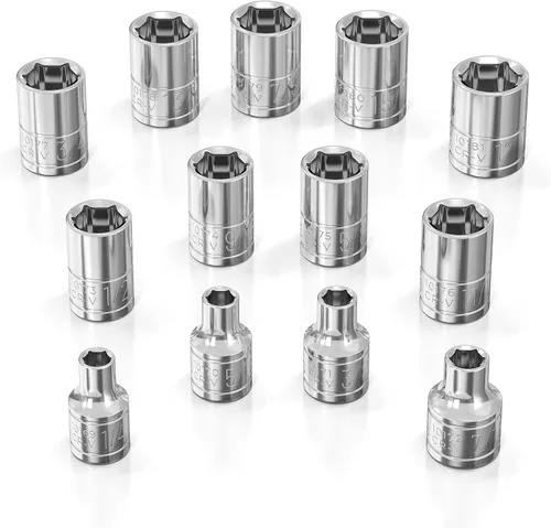 Vista 13 de Olsa Tools SAE Juego de llaves de vaso poco profundas - 1/4 pulgadas, 13 piezas - 6 puntas cromadas de 1/8" a 5/8" y tamaños sin omitir - Juego