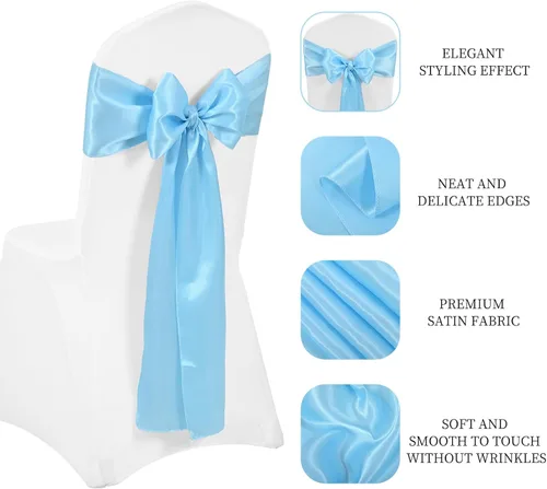 Vista 4 de 72 bandas de satén para silla, color azul bebé, lavables y reutilizables, fundas universales para silla, suministros para atar en la espalda