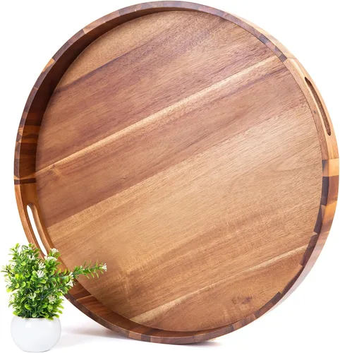 Vista 10 de Bandeja Redonda Extra Grande para Servir, 20 PULGADAS, Bandejas de Madera de Acacia Resistente para Mesa de Café Otomana Grande, Mostrador, Bandeja