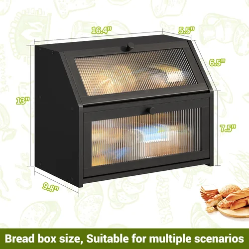 Vista 7 de BMOSU Panera grande de doble capa para encimera de cocina, almacenamiento de madera de bambú (negro)