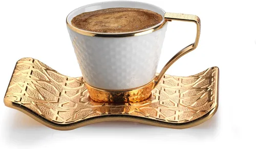 Vista 5 de Juego de tazas de café turco expreso con soportes de metal y platillos (blanco - dorado)