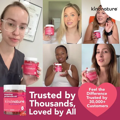 Vista 3 de kindnature Gomitas de aceite de onagra para mujer, 1000 mg + cohosh negro, PMS, perimenopausia y apoyo para la menopausia, vegano, sin azúcar, sin