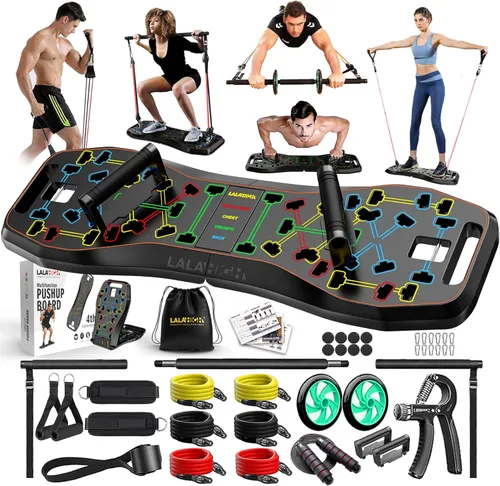 LALAHIGH Push Up Board,36 in 1 Home Gym Equipment with Ab Roller Wheel & Resistance Bands, Portable Foldable Workout Board for Full Body Strength