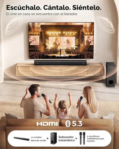 Vista 3 de Barra de sonido con subwoofer para TV, sistema de altavoces Bluetooth 5.3 con 2 micrófonos inalámbricos de karaoke, audio de sonido envolvente