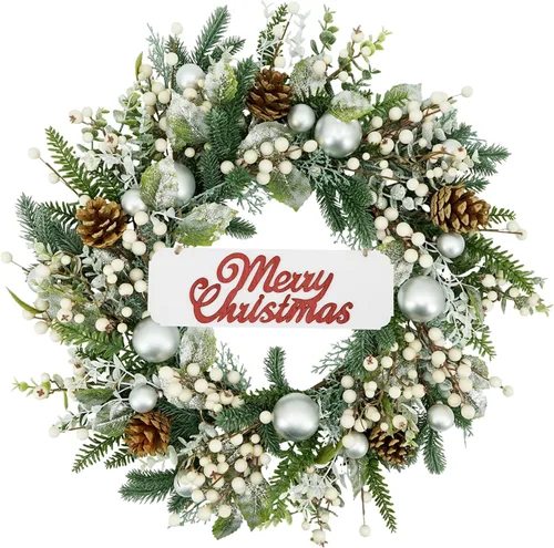 Vista 11 de YNYLCHMX Corona de Navidad de 20 pulgadas para puerta delantera, corona de invierno con letrero de bienvenida, hojas de eucalipto, bayas rojas