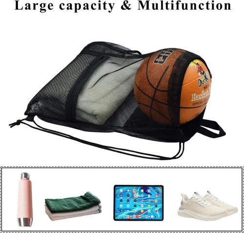 Vista 3 de Heavy Duty Drawstring Mesh Bag, Gym Backpack Sports String Bag with Bottle Holder for Balls, Swiming, Beach Toys
