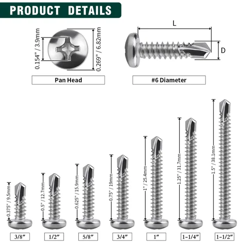 Vista 4 de Tornillos autoperforantes de cabeza plana #6 x 1, Phillips Drive, 410 tornillos de chapa de acero inoxidable, autoroscantes, cola de milano, paquete