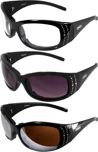 Vista 10 de Global Vision Marilyn 2 Plus - Gafas de motocicleta acolchadas para mujer, 4 pares con lentes transparente, ahumado, espejo de conducción y espejo