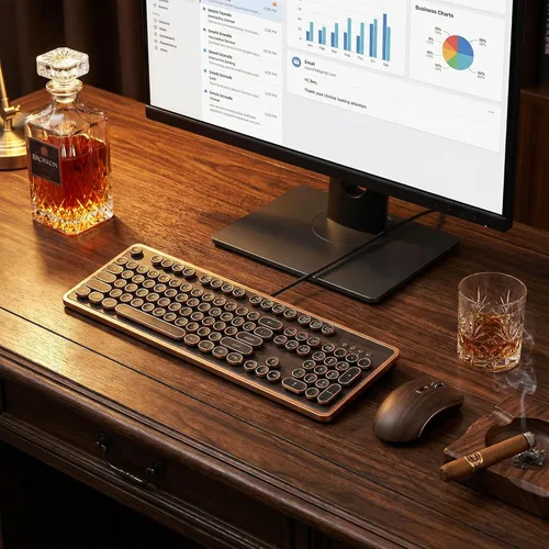 Vista 6 de GLENCREAG RK104 - Teclado mecánico retro, 104 teclas de tamaño completo con cable con teclas redondas de máquina de escribir, grano de madera, rollo