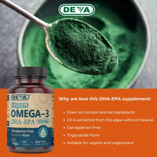 Vista 9 de DEVA Vegano Omega-3 DHA-EPA 300 mg - Sin carragenina, aceite de pescado derivado de algas, sin OMG, 90 cápsulas blandas sin gelatina