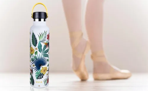Vista 5 de IONI Botella de agua para mujer de 24 onzas (2 tapas) – Diseño de arte tropical blanco – Acero inoxidable sin BPA aislado a prueba de fugas