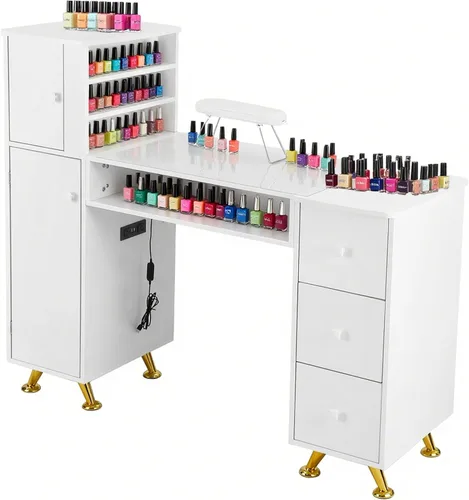 Vista 11 de Mesa de manicura para uñas con cajones, escritorio profesional de tecnología de uñas con USB y tomas de corriente, maquillaje de uñas, salón