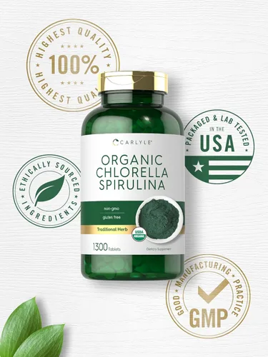Vista 6 de Carlyle Tabletas orgánicas de Chlorella Spirulina 1300 unidades Mezcla 50/50 Suplemento sin OMG y sin gluten