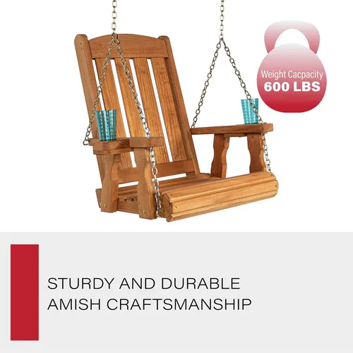Vista 4 de Amish Casual Silla columpio con tratamiento a presión de misión resistente con portavasos (mancha de cedro)