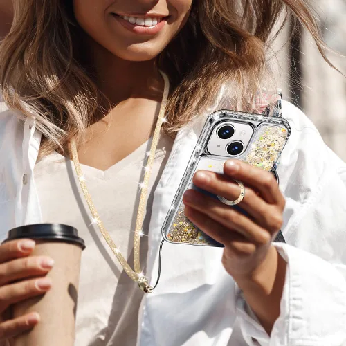 Vista 5 de Silverback Funda para iPhone 15, funda con purpurina holográfica líquida en movimiento con soporte, para niñas y mujeres, funda protectora