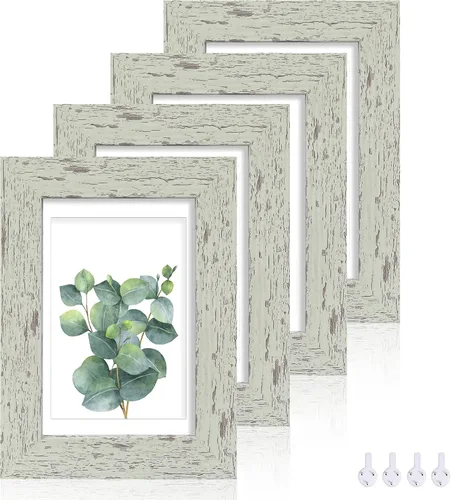 Hongkee - Juego de 4 portarretratos de 4 x 6 pulgadas, hechos de vidrio real y marco de madera verde salvia, exhibición en pared o mesa, para fotos